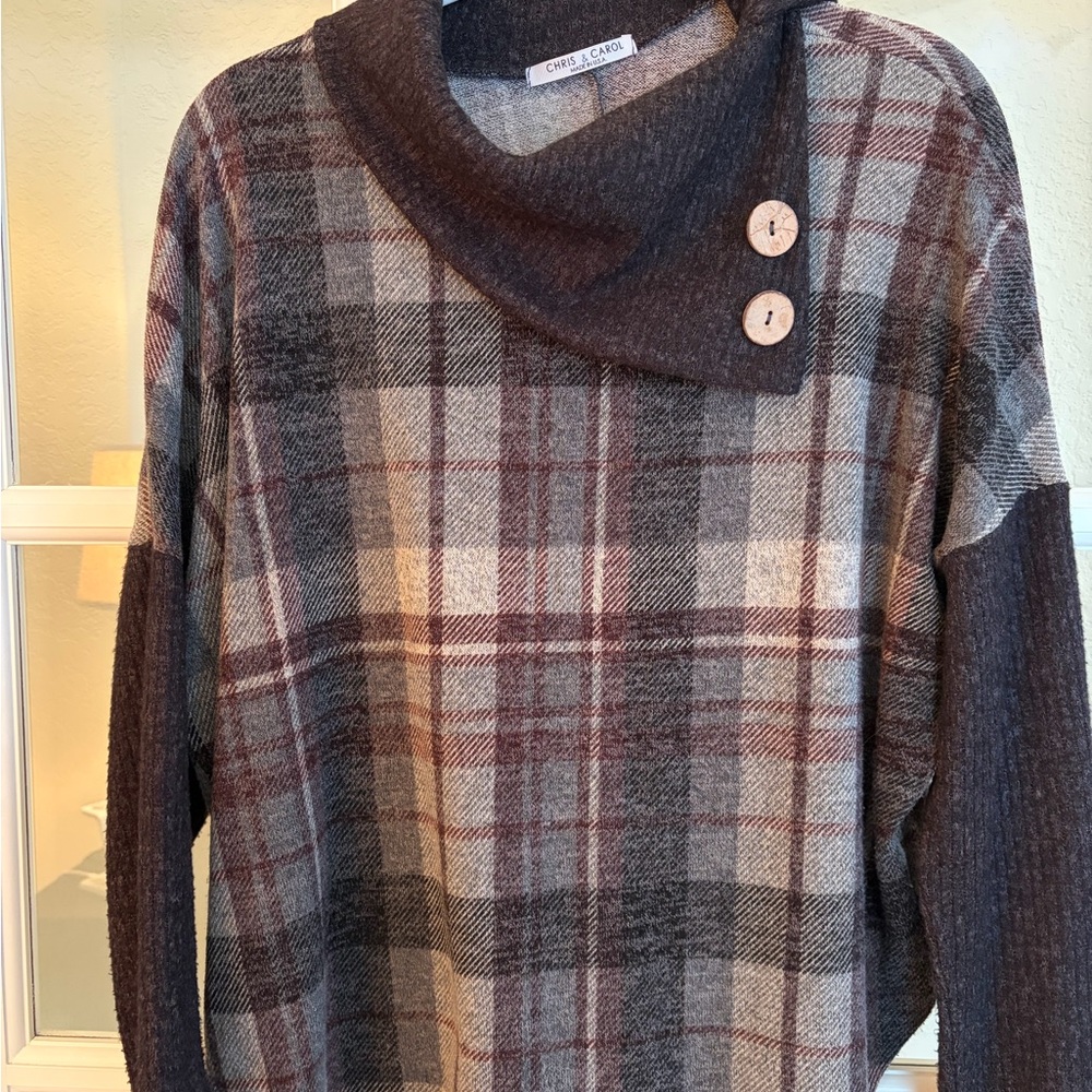 Chris & Carol Women's Cowl Neck Plaid Sweater - Brown and Gray
